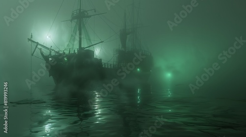 A ghost ship illuminated by eerie green light in the fog
