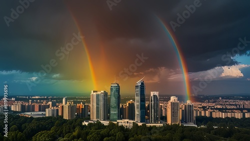 city skyline with rainbow in the sky after rain or storm