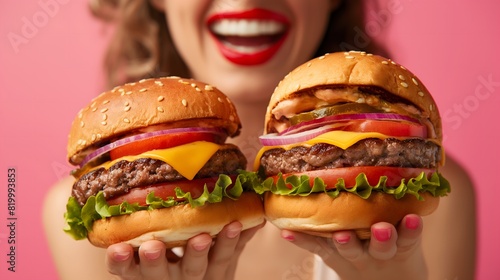 Woman Displaying Two Burgers photo