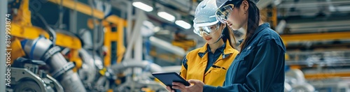 Engineers and technicians in a modern industrial facility use digital tablets, blending advanced technology with expertise for effective solutions in manufacturing processes and operational tasks