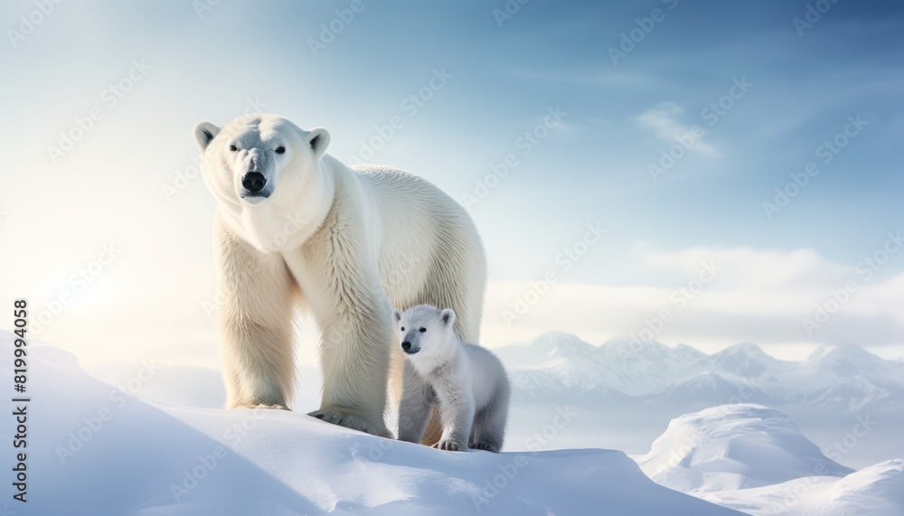 Mother and baby polar bears relax walks in extreme winter weather, polar bears family standing above snow with a view of the frost mountains Mother and baby polar bears relax walks in extreme winter weather, polar bears family standing above snow with a view of the frost mountains
