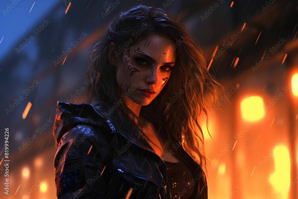 Create a beautiful, dark romance cyberpunk girl standing in the street with fire and rain in the background in a dark environment Create a beautiful, dark romance cyberpunk girl standing in the street with fire and rain in the background in a dark environment