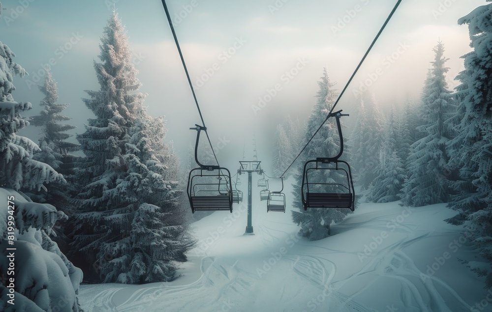 Ski Lift Passing Through Snowy Forest Ski Lift Passing Through Snowy Forest