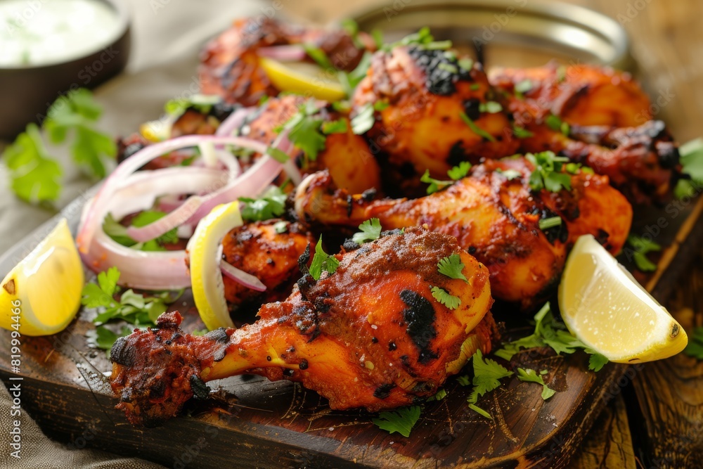 Tandoori Chicken Drumsticks with Lemon and Onions. Indian Food Tandoori Chicken Drumsticks with Lemon and Onions. Indian Food