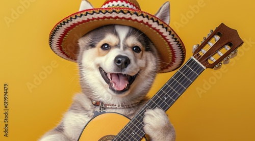 Small Dog Playing Guitar With Straw Hat photo