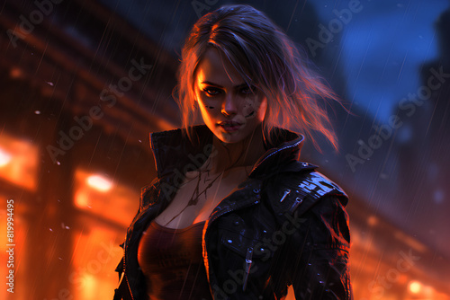 Create a beautiful, dark romance cyberpunk girl standing in the street with fire and rain in the background in a dark environment