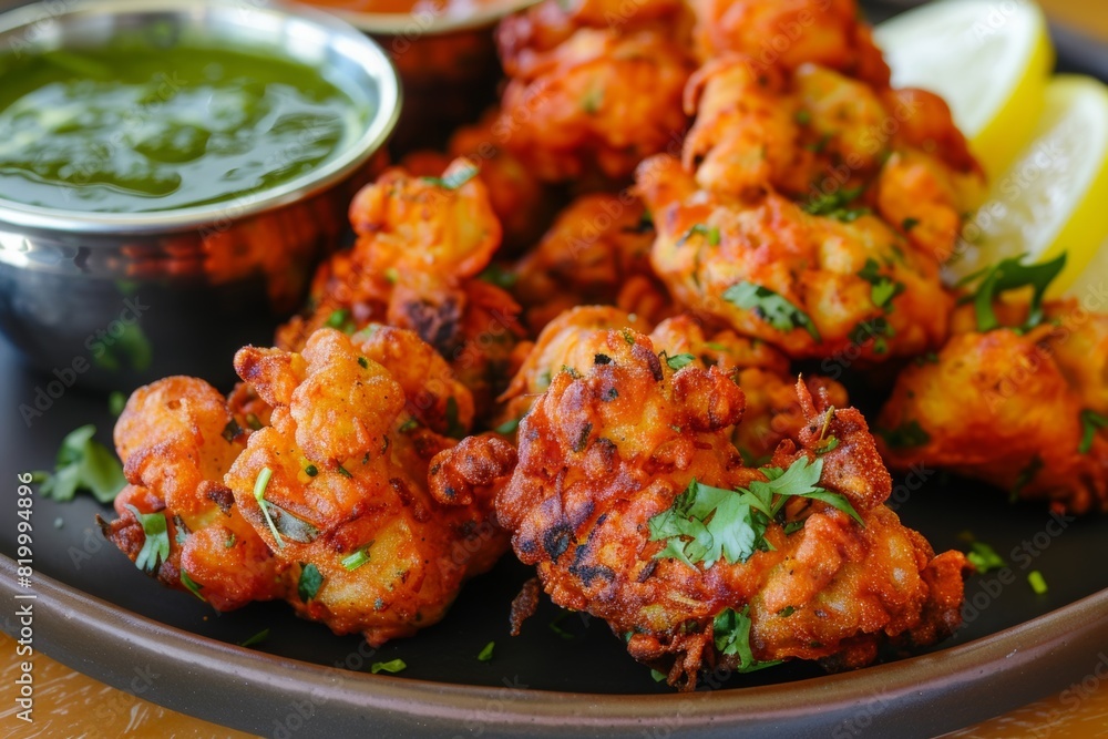 Indian vegetable pakoras with green chutney and lemon wedges. Indian food