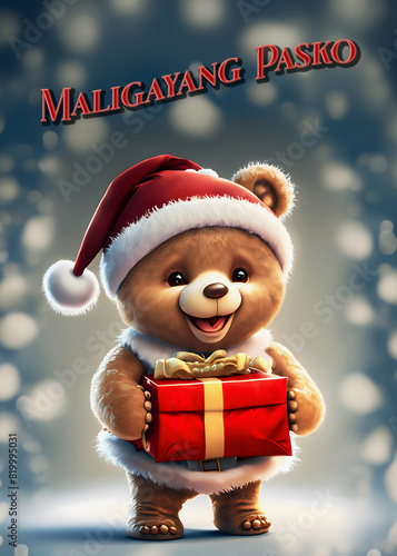 Cute Smiling Fluffy Teddy Bear With Christmas Gift Wishing Maligayang Pasko Merry Christmas In Tagalog 300 PPI High Resolution Image Suitable for Wall Art Poster Print And Gift Productions photo