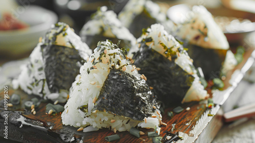 A traditional Japanese meal onigiri (rice balls) wrapped in nori 