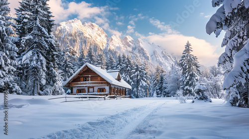 A peaceful snowy landscape with tall pine trees and a cozy cabin in the distance.