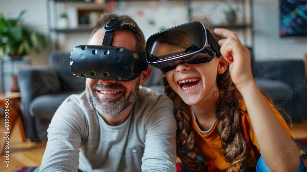 Dad and child using VR Goggles glasses embark on epic adventures in virtual reality, Bonding over fantastical experiences Dad and child using VR Goggles glasses embark on epic adventures in virtual reality, Bonding over fantastical experiences