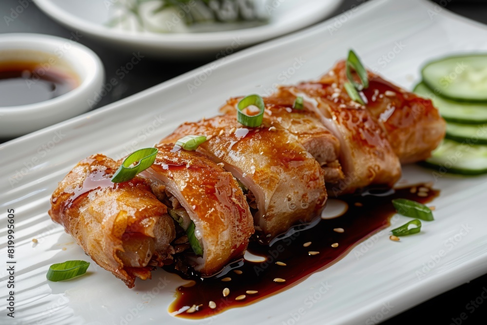 Serving of crispy Peking duck rolls with hoisin sauce and sliced cucumbers Serving of crispy Peking duck rolls with hoisin sauce and sliced cucumbers