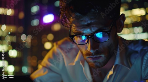 A man wearing glasses is looking at a computer screen in a city at night