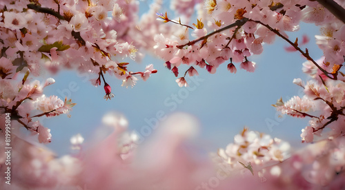 Close-up of pink cherry blossoms in springtime  vibrant petals and fresh leaves on a sunlit branch