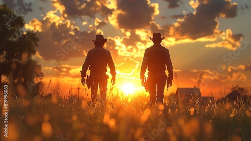 An illustration of a silhouette of two cowboys walking off together into the sunset