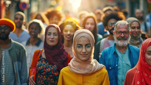 A group of people are standing together, with one woman wearing a yellow dress photo