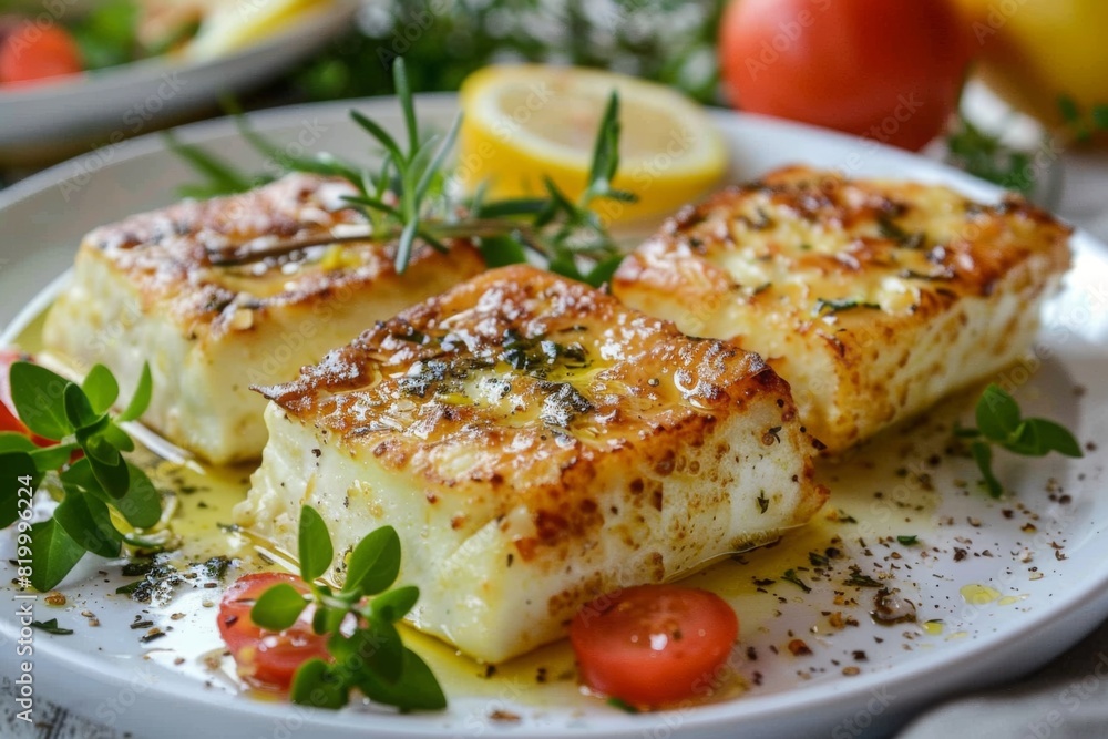 Gourmet presentation of saganaki fried cheese with a squeeze of lemon and fresh herbs Gourmet presentation of saganaki fried cheese with a squeeze of lemon and fresh herbs