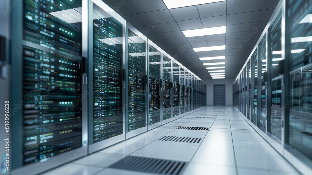 Fototapeta premium Brightly lit data center with silver server racks and a clean, modern design