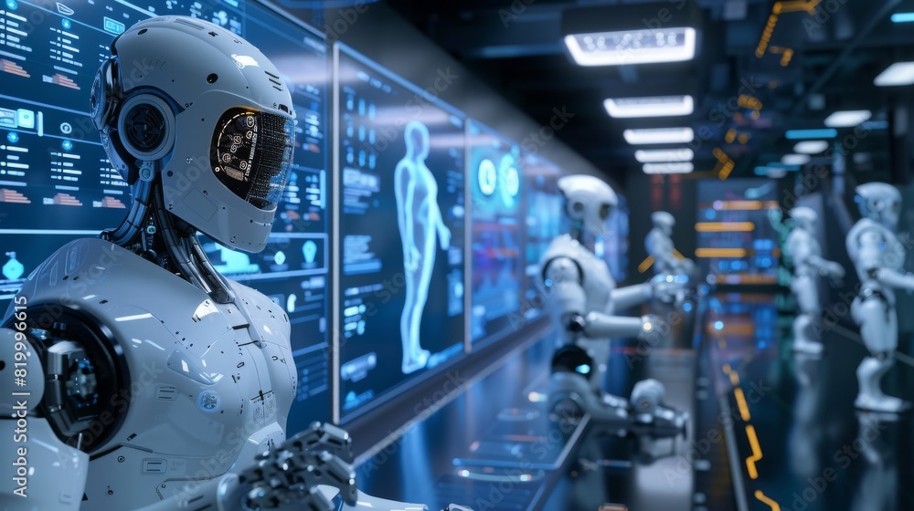 A state-of-the-art AI lab with researchers working on advanced robots, surrounded by holographic AI models, in a sleek, futuristic style. A state-of-the-art AI lab with researchers working on advanced robots, surrounded by holographic AI models, in a sleek, futuristic style.