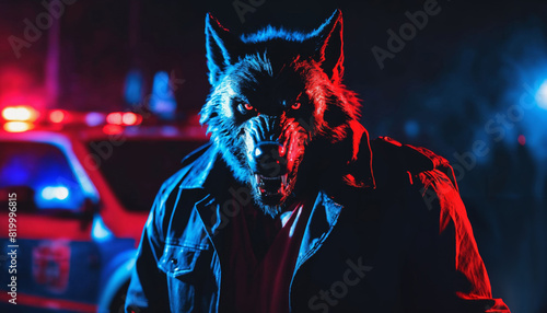photo of criminal suspect werewolf lycanthrope in crime scene standing in front of police car at night and red blue light  generative AI
