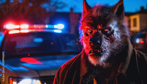 photo of criminal suspect werewolf lycanthrope in crime scene standing in front of police car at night and red blue light, generative AI