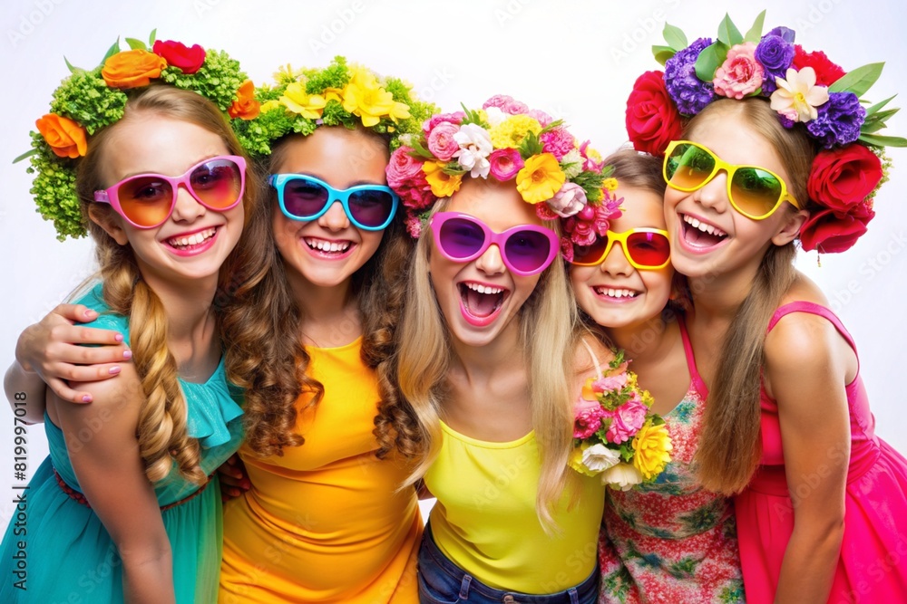 girls and friends with wreaths of flowers, on a white background