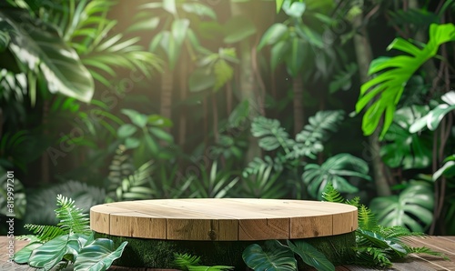 The lush green foliage of the jungle surrounds a wooden platform  creating a natural and exotic backdrop for any product or service.