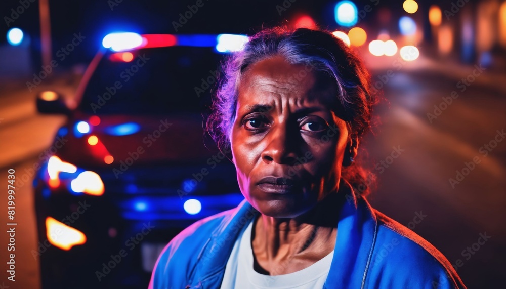 photo of portrait close up view of criminal suspect in crime scene standing in front of police car at night and red blue light, generative AI photo of portrait close up view of criminal suspect in crime scene standing in front of police car at night and red blue light, generative AI