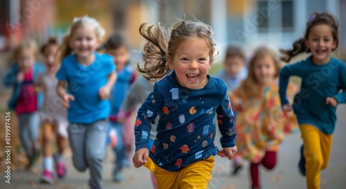 Group of Young Children Running Down Street photo