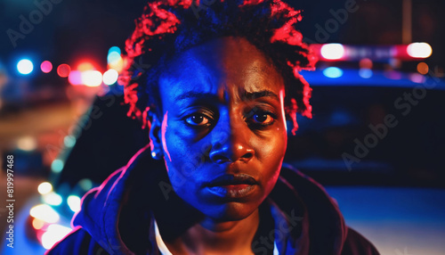 photo of portrait close up view of criminal suspect in crime scene standing in front of police car at night and red blue light  generative AI