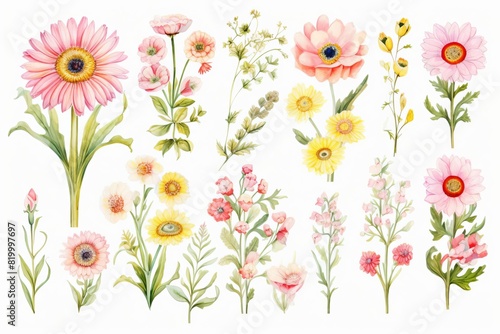 Watercolor illustration of various delicate flowers and plants in pastel colors, ideal for botanical designs and nature-inspired artwork.
