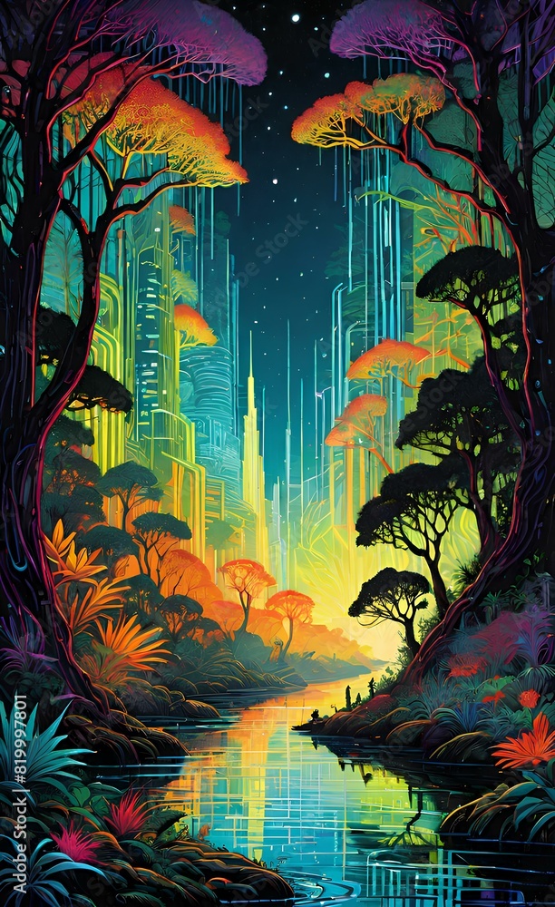 A neon-lit jungle with glowing flora and fauna, where the trees are circuit boards and the rivers flow with liquid light. A neon-lit jungle with glowing flora and fauna, where the trees are circuit boards and the rivers flow with liquid light.