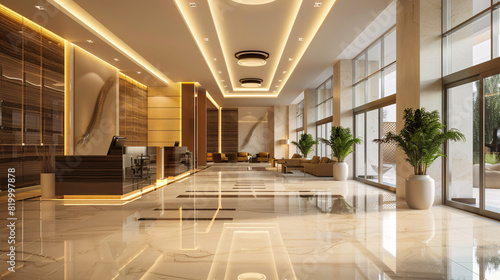 Luxurious hotel lobby with modern design. A spacious hotel lobby featuring a sleek modern design with elegant furnishings and ample natural light.