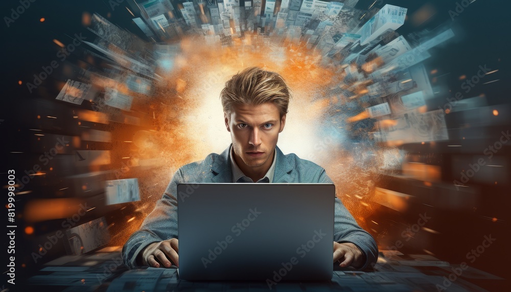 Focused man working on laptop with digital data explosion background, representing cyber security, innovation, and technology advancement. Focused man working on laptop with digital data explosion background, representing cyber security, innovation, and technology advancement.