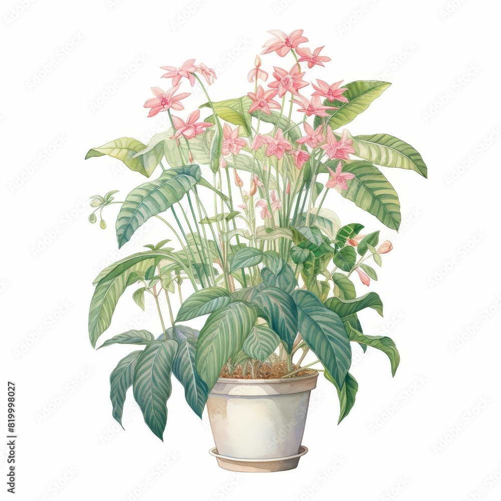 Fototapeta premium Beautiful watercolor illustration of a potted plant with lush green leaves and delicate pink flowers, perfect for botanical art enthusiasts.