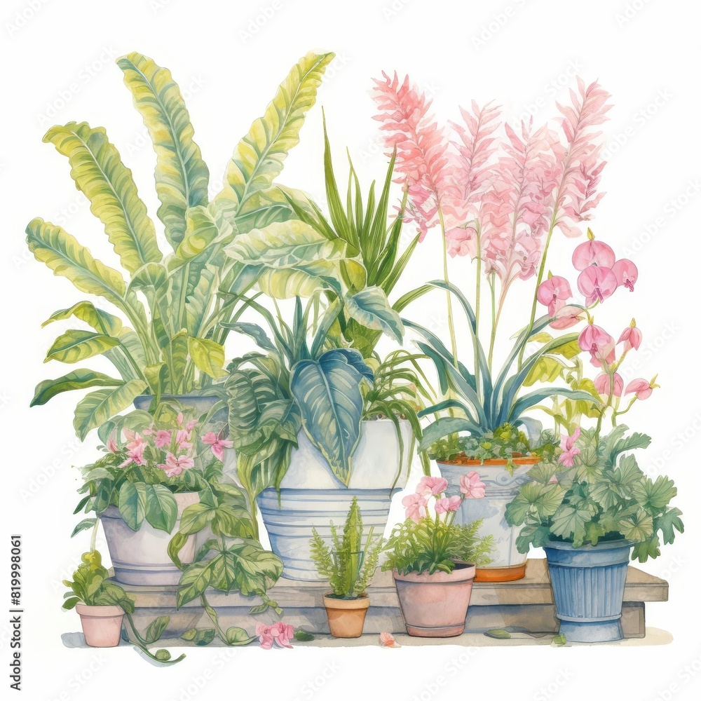 Obraz premium A beautiful watercolor illustration of various indoor potted plants with lush green leaves and pink flowers on a white background.