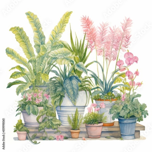 A beautiful watercolor illustration of various indoor potted plants with lush green leaves and pink flowers on a white background.