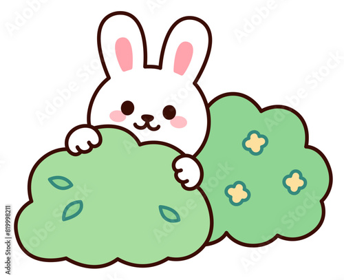 Cute cartoon rabbit hiding in bushes © sudowoodo