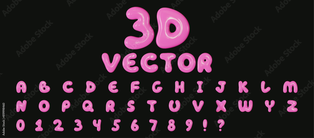Vector set of glossy 3D bubble fonts in Y2K style. Realistic shiny plastic pink English alphabet letters and numbers.