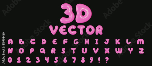 Vector set of glossy 3D bubble fonts in Y2K style. Realistic shiny plastic pink English alphabet letters and numbers.