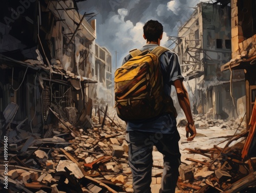 Person in a devastated urban area wearing a backpack  surrounded by rubble and damaged buildings.