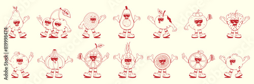 Set of fruit characters in doodle style. Vector illustration of fruit stickers with arms, legs and cute faces in linear vintage style.