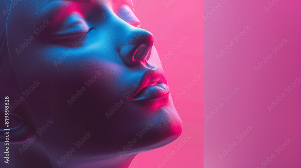 Close-up of a woman's face with pink lighting. An artistic close-up of a woman's face bathed in pink and blue lighting, creating a dreamy, surreal effect. Close-up of a woman's face with pink lighting. An artistic close-up of a woman's face bathed in pink and blue lighting, creating a dreamy, surreal effect.