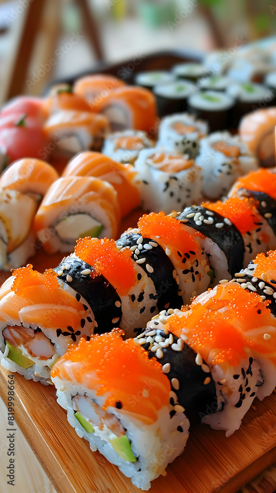 delicious sushi and rolls with salmon, caviar and avocado delicious sushi and rolls with salmon, caviar and avocado