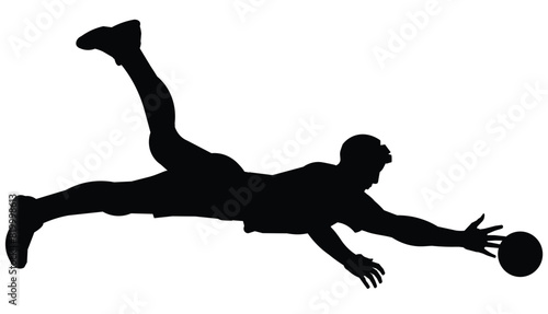 Black isolated silhouette of a volleyball player in profile hitting a ball in a fall