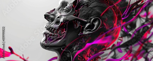 A blackandwhite photo of a man, enhanced with colorful red and purple curves, displaying realistic bone anatomy with intricate whiplash curves in a psychedelic style photo
