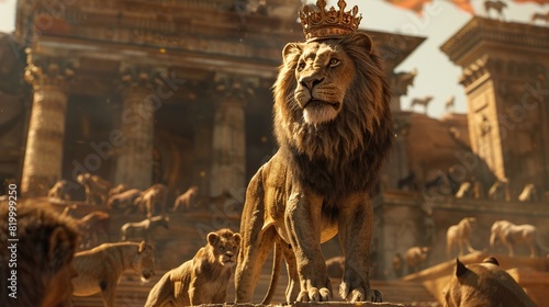 A lion standing on a raised platform in front of a large crowd of other lions. The lion on the platform is larger than all the others and has a golden mane.