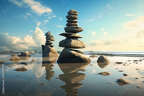 A serene beach scene with balanced stone towers