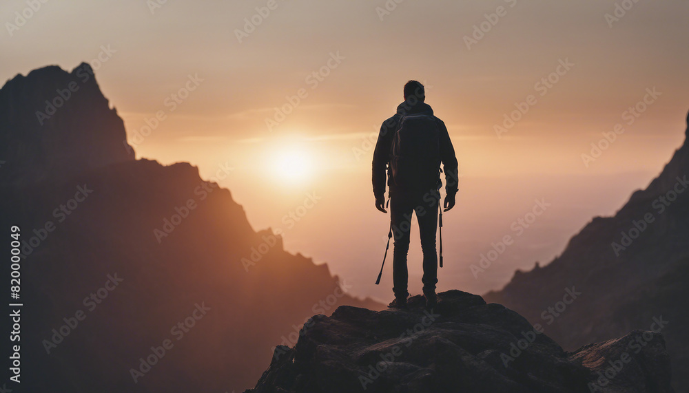 silhouette of a man with a backpack at the top of a rocky mountain watching the sunset, back view
