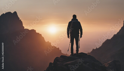 silhouette of a man with a backpack at the top of a rocky mountain watching the sunset, back view 